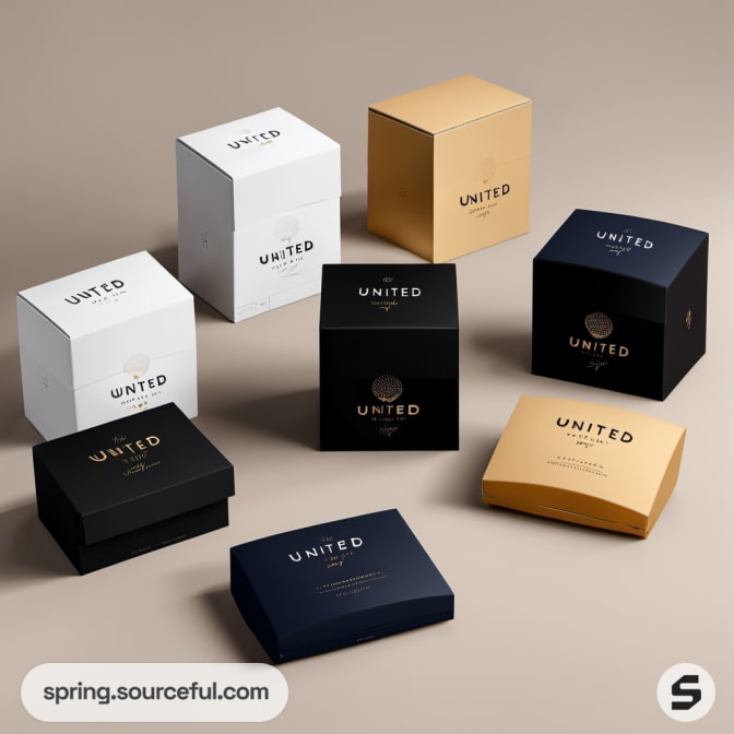 Assortment of gold, black, and white boxes on a beige surface.