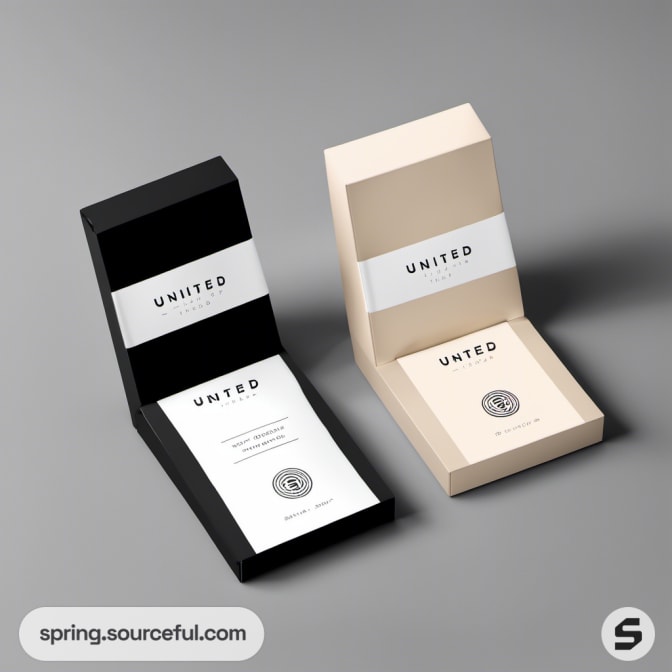 Black and beige rectangular boxes, open to show interior design.