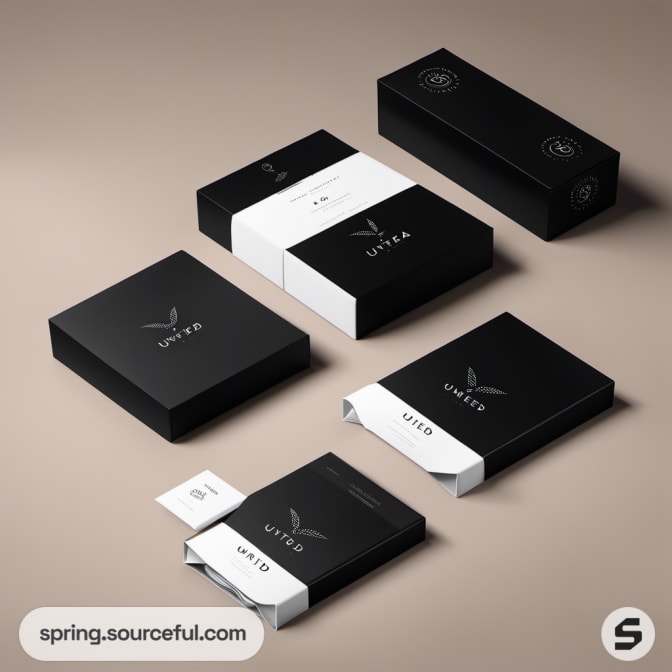 Black and white rectangular boxes with minimalist design on a beige surface.
