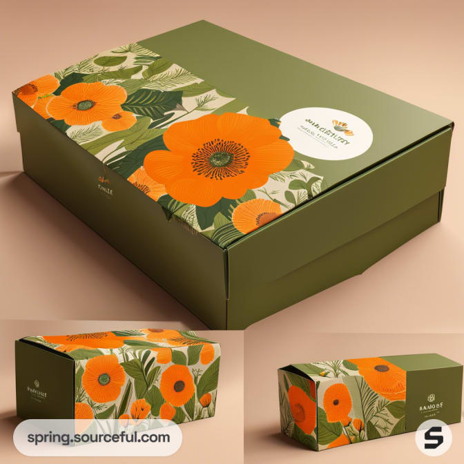 Green mailer box with orange floral design and white label on a beige background.