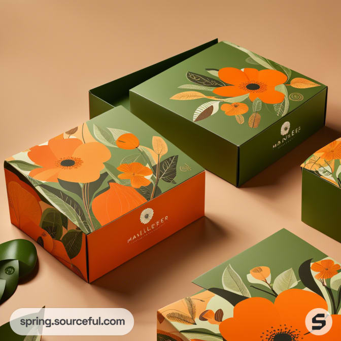 Floral patterned green and orange gift boxes with slide-out lids on a beige background.