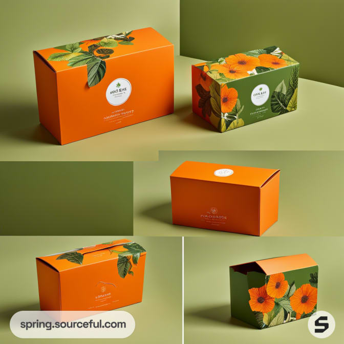 Two orange and green decorative boxes with floral designs on a green background.