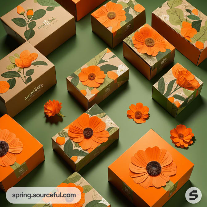 Orange floral patterned boxes on green background with 3D flower designs.