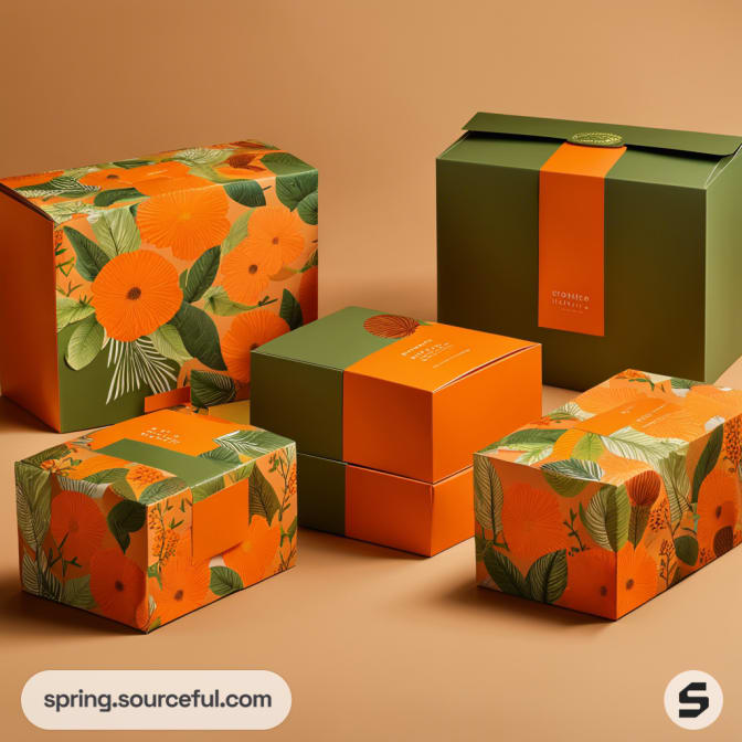 Green and orange floral-patterned gift boxes with matching ribbons on a tan background.