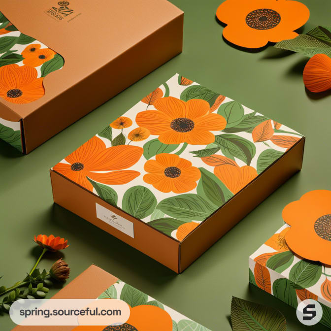 Floral patterned box on olive green background with orange flowers and leaves.