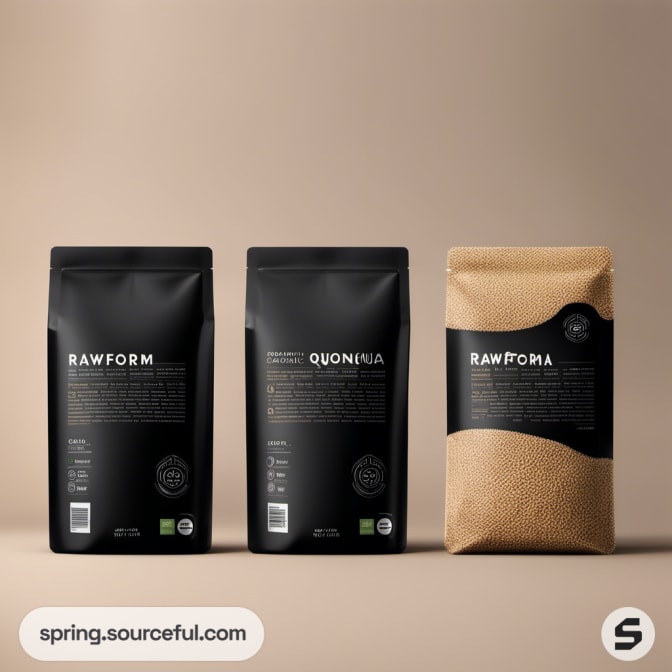 Three black resealable pouches with quinoa branding on a beige background.