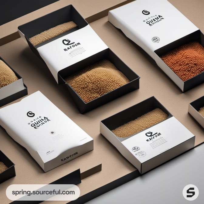 Open black and white boxes displaying quinoa grains inside.