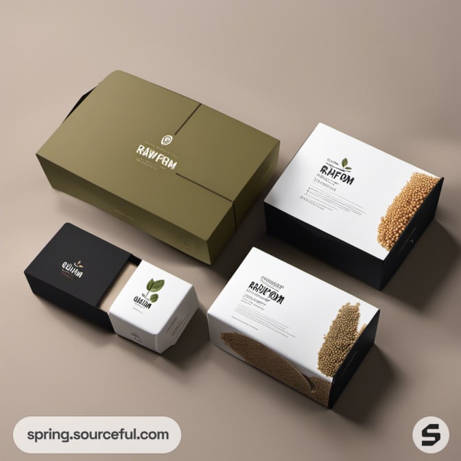 Assorted rectangular food boxes with minimalist quinoa branding.