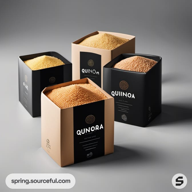 Four square, open-top boxes with quinoa grains, two black and two brown.