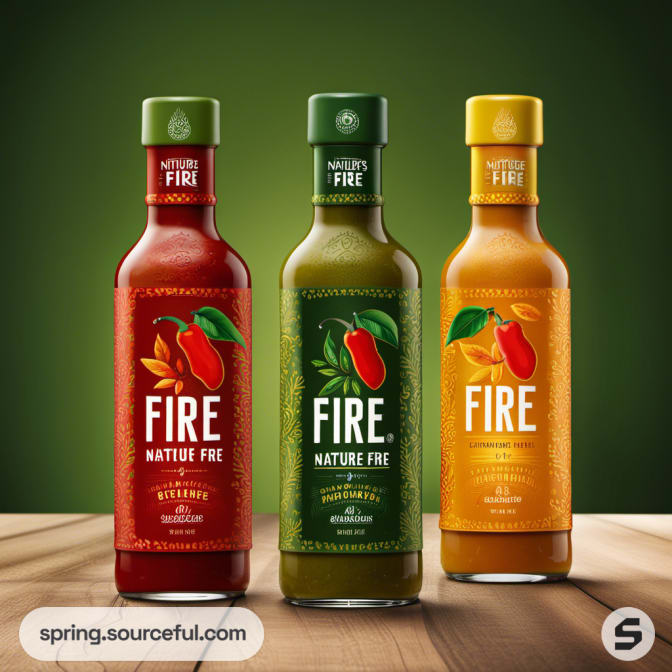 Three sauce bottles with red, green, and orange labels on a wooden surface against a green background.