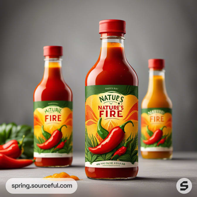 Three sauce bottles with bold red and orange labels; chili pepper illustration on labels.