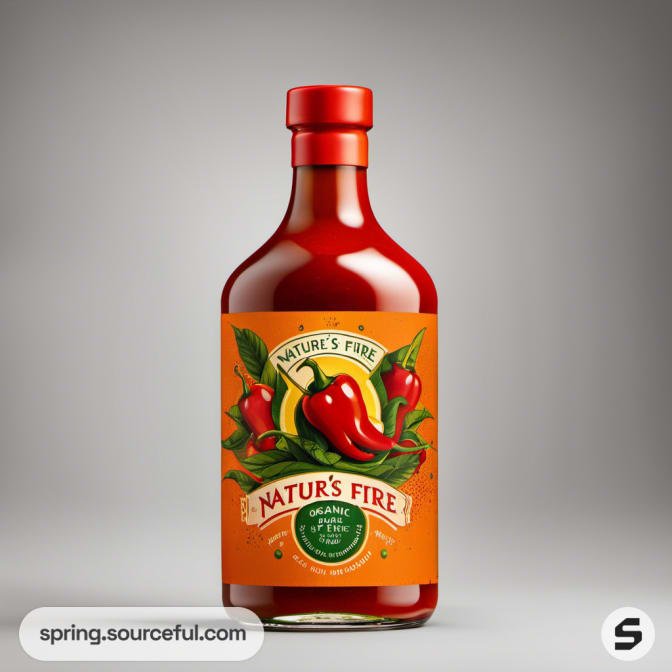 Brown and red labeled sauce bottle with chili illustration on a gray backdrop.