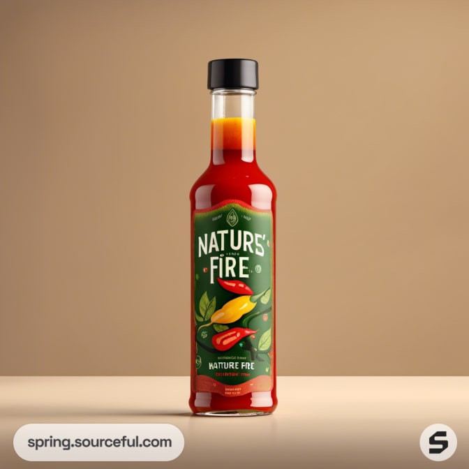 Single red sauce bottle with green and red labeling on a beige background.