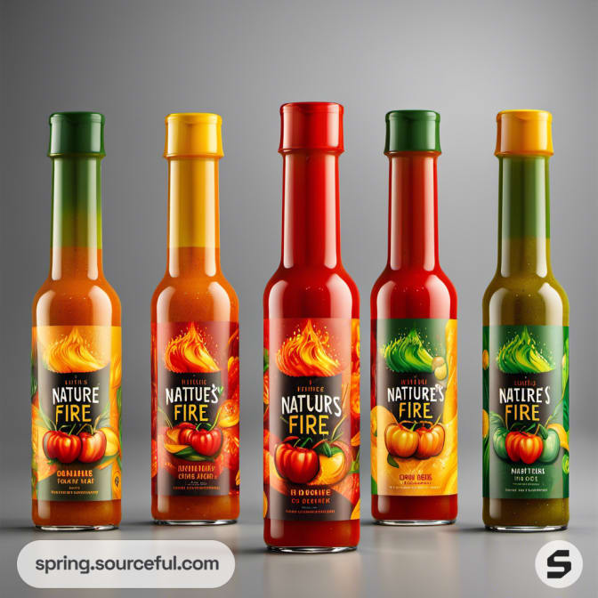 Five tall sauce bottles with colorful labels featuring chilies, against a gray background.