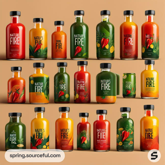 Varied sauce bottles with green and orange themes; displayed on a beige surface.