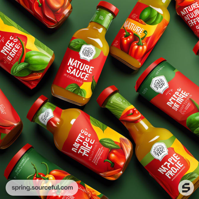 Assorted sauce bottles with bold red, green, and orange labels on a green backdrop.