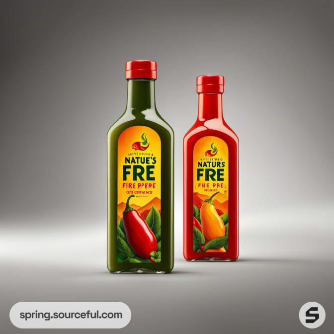 Two sauce bottles with yellow labels featuring red and orange peppers on a gray background.