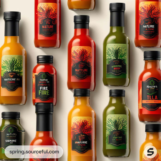 A collection of sauce bottles with vibrant labels featuring trees and chilies.