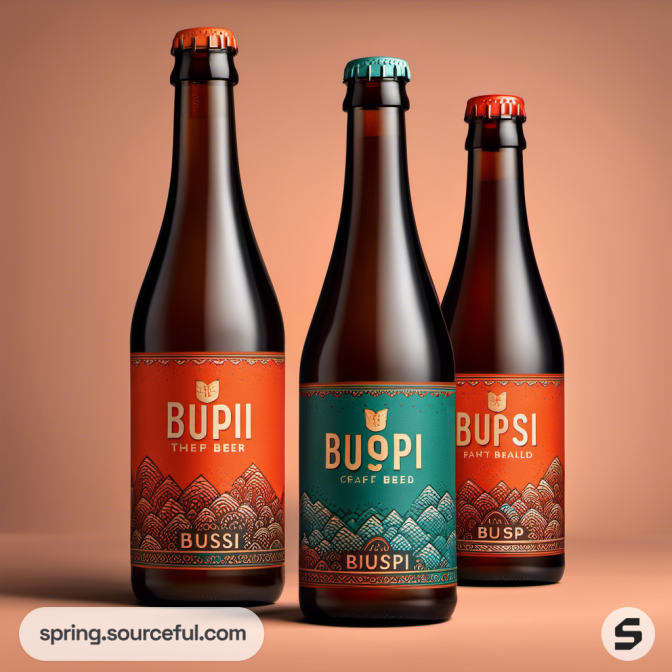 Three beer bottles with orange and teal labels featuring mountain designs