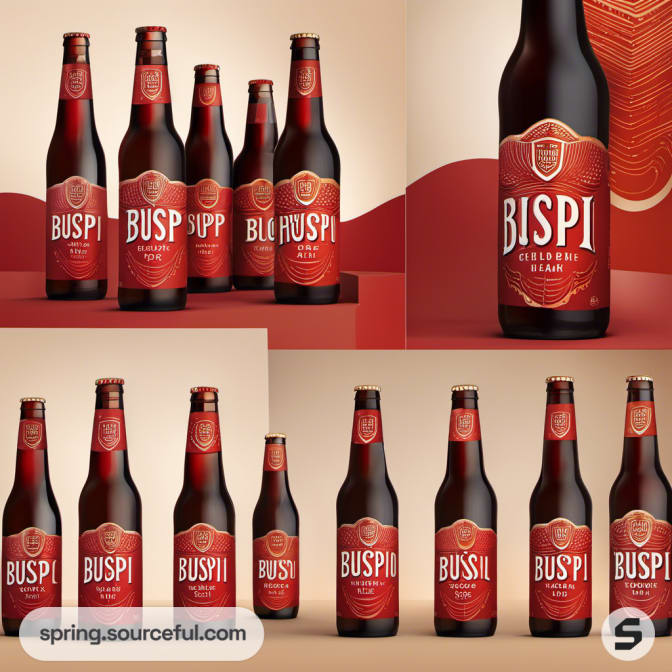 Collage of beer bottles with red labels and various designs