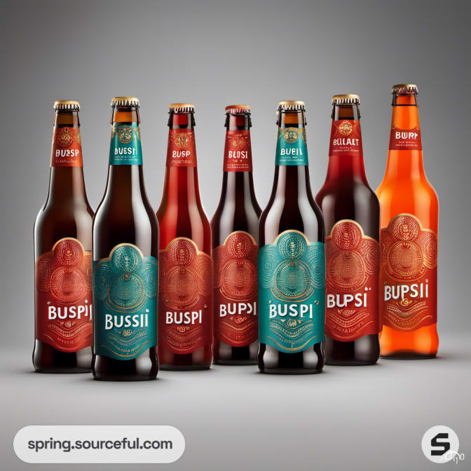 Seven beer bottles with red, blue, and teal labels