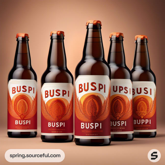 Five beer bottles with red and orange labels featuring abstract designs