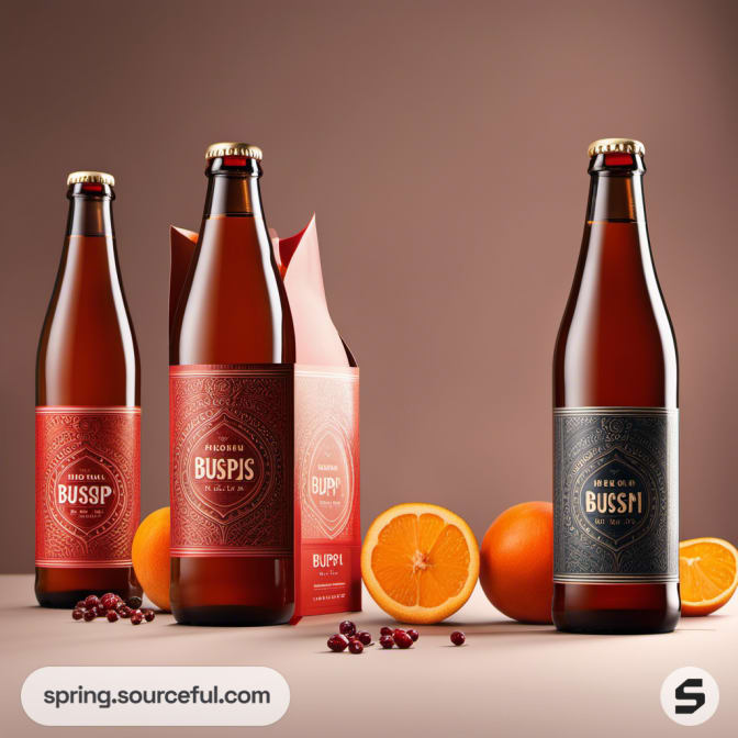 Three beer bottles with red and black labels beside citrus fruits