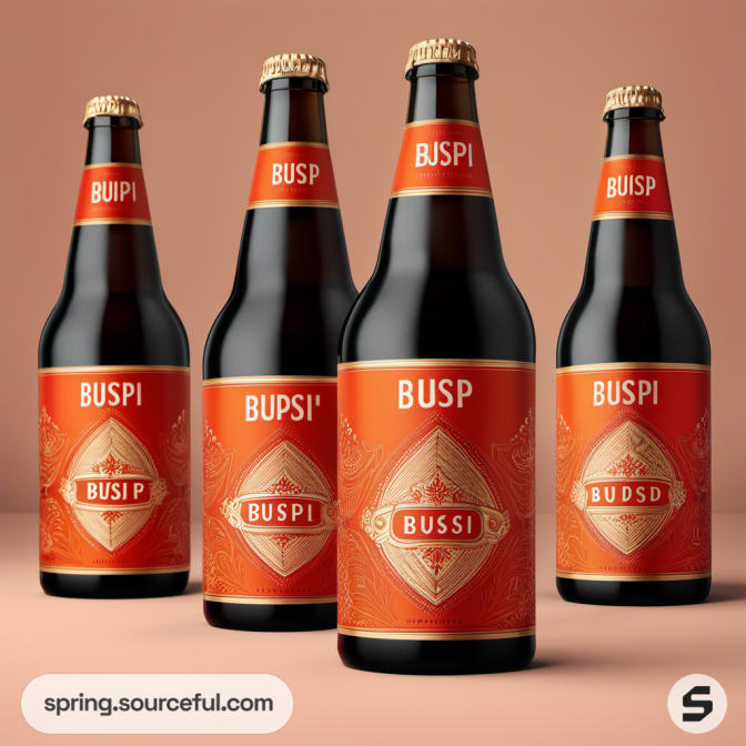 Four beer bottles with orange labels featuring diamond designs