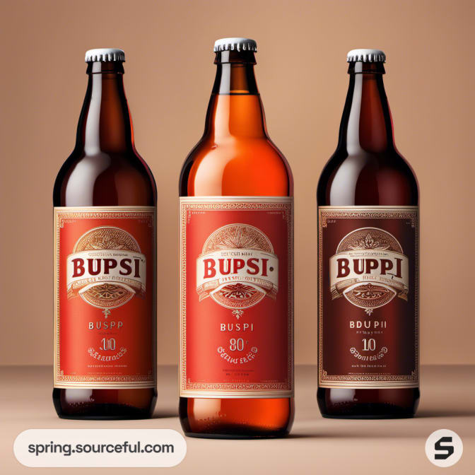 Three large beer bottles with classic red and beige labels