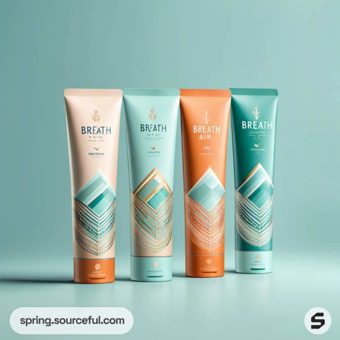 Four lotion tubes with geometric patterns on a teal background.