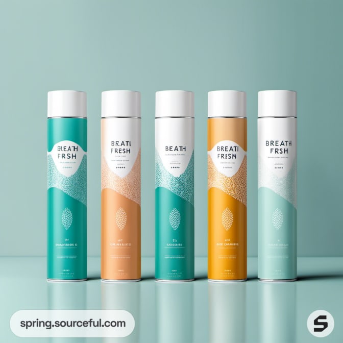 Five spray bottles with gradient designs on a teal surface.