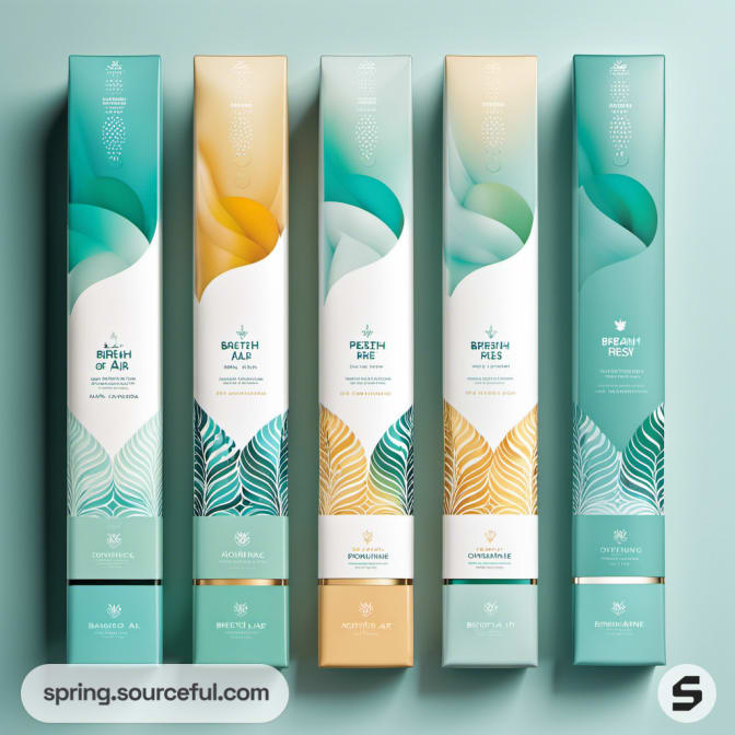 Five elongated boxes with abstract wave designs on a teal background.