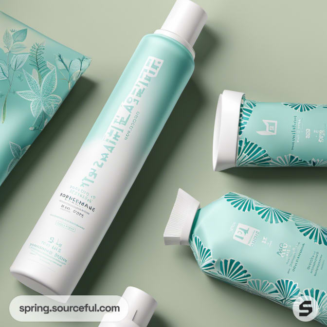 Aerosol can and flexible pouches with botanical designs on a green surface.