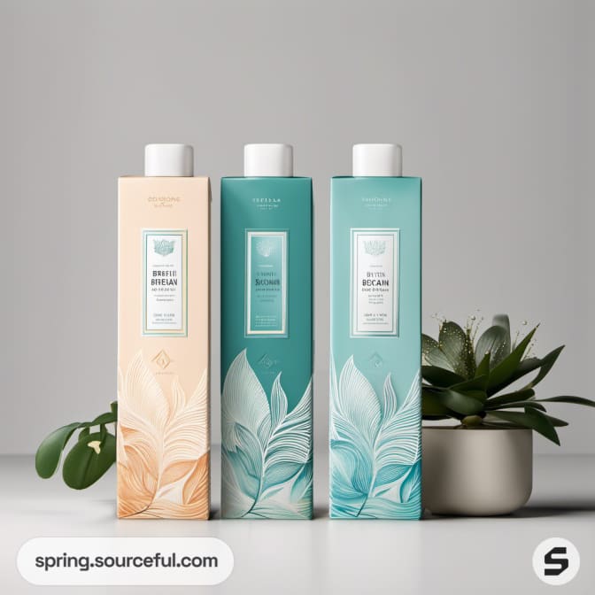 Three square bottles with leaf designs beside a plant on a gray background.