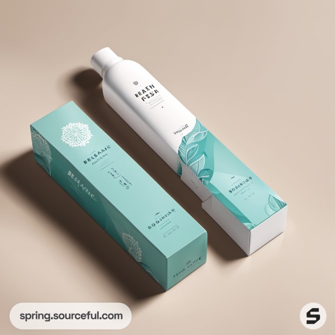 Bottle with teal packaging and mint green accents on a light brown surface.