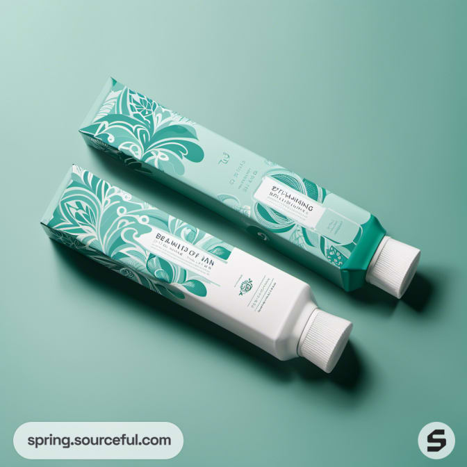 Two toothpaste tubes with swirling green patterns on a teal surface.