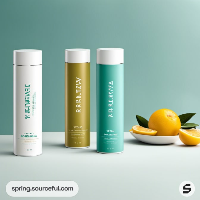 Three cylindrical bottles with citrus motifs beside lemons on a teal background.