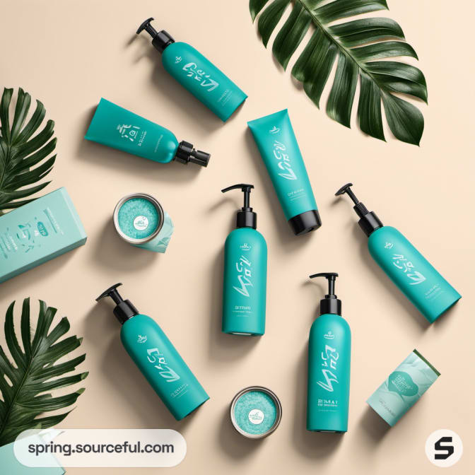 Assorted teal cosmetic bottles and jars with tropical leaves on a beige surface.