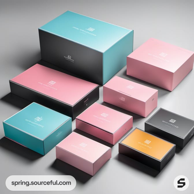 Collection of colorful mailer boxes in pink, teal, orange, and black on a gray background.