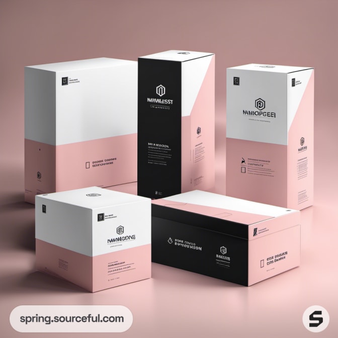 Set of tall and wide boxes in pink, white, and black with bold geometric designs.