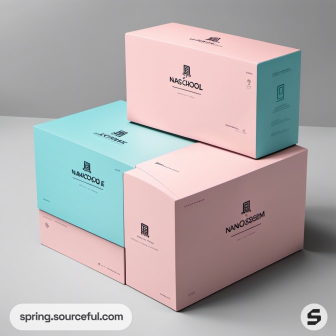 Three rectangular boxes in pastel pink and teal stacked against a gray background.