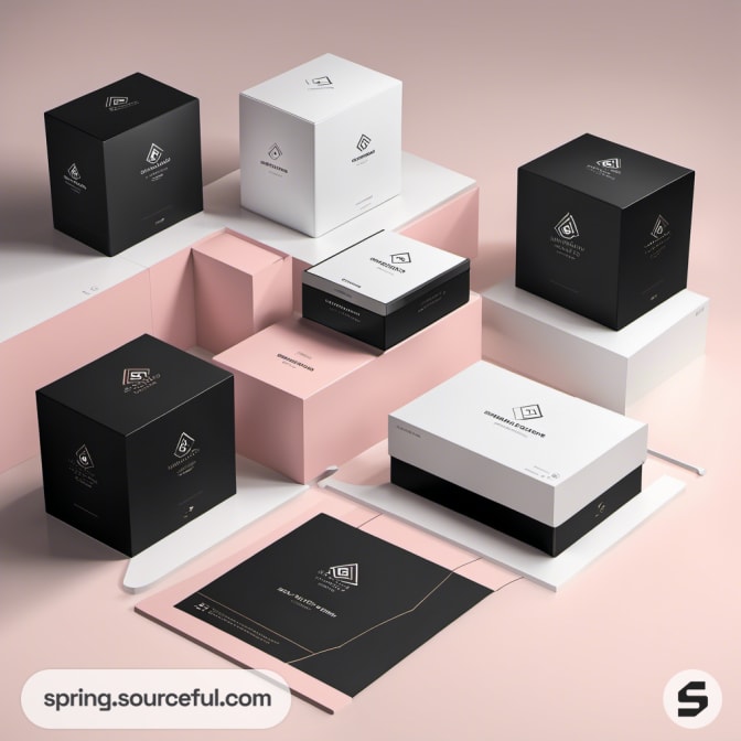 Assorted square and rectangular boxes in pink, black, and white on a pink surface.