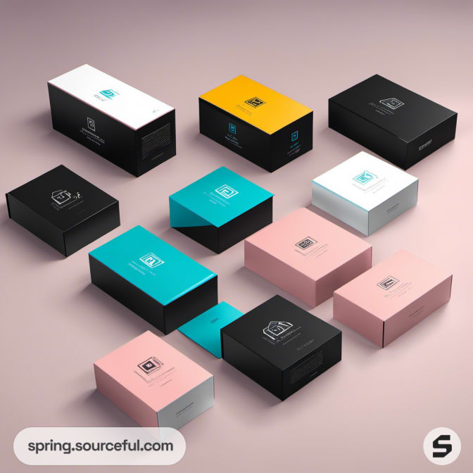 Variety of mailer boxes in pink, teal, orange, black, and white on a pink background.