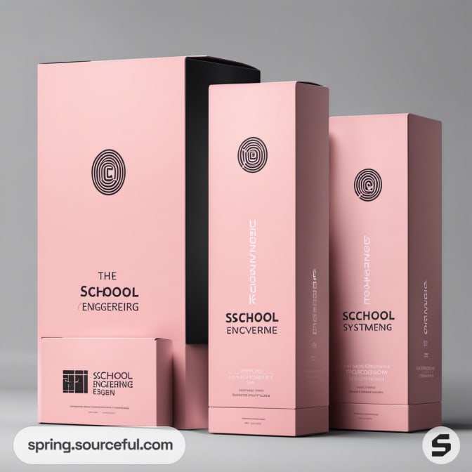 Tall rectangular pink boxes labeled with minimalistic designs on gray background.