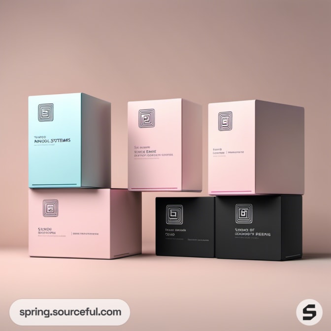 Cubic boxes in pastel pink, teal, and black with sleek minimalist designs on beige surface.