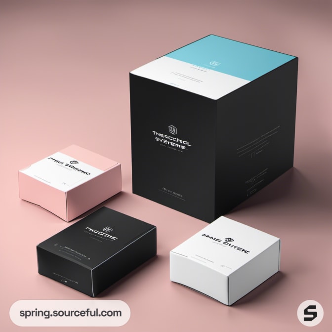 Assortment of square and rectangular boxes in pink, black, and white with simple logos.