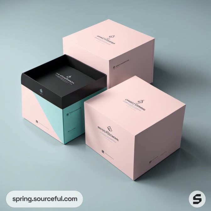 Pastel pink and teal cubic boxes with minimalist designs on a light blue background.