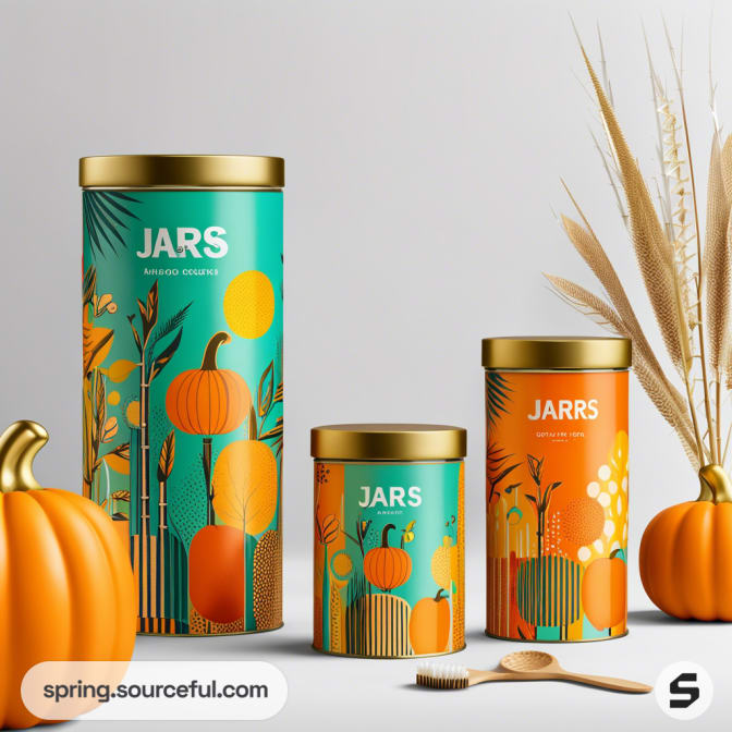 Cylindrical containers with pumpkin-themed design in teal and orange with gold lids.