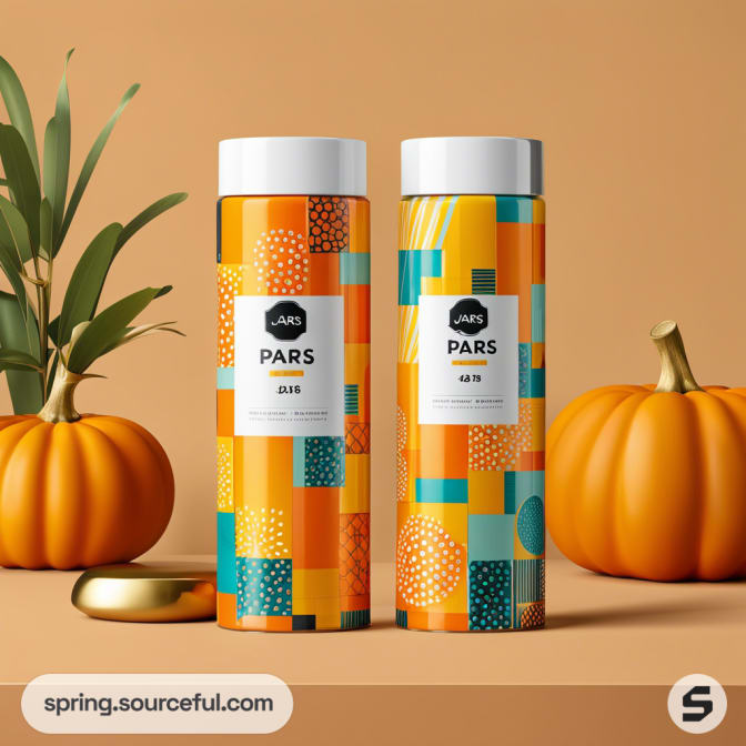 Two bottles with colorful geometric patterns on a beige background with pumpkins and plants.