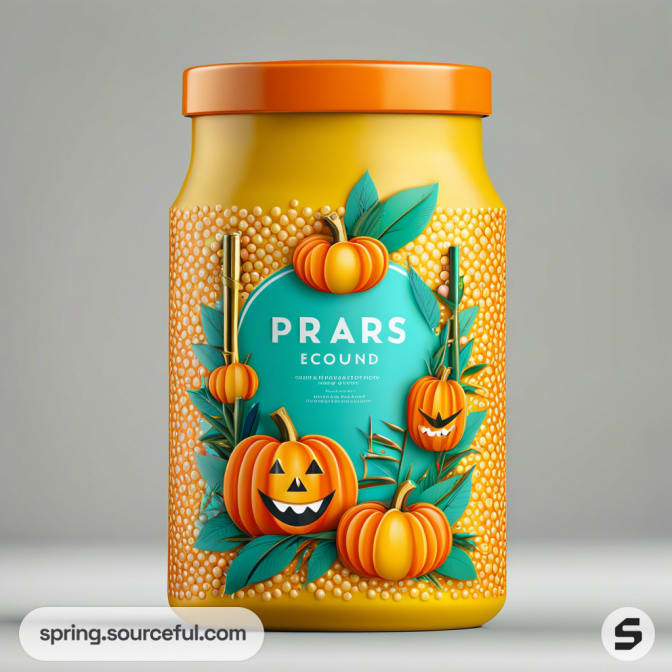 Orange jar with pumpkin designs and green leaves on a gray background.